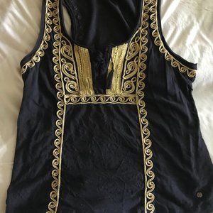 Womens sexy sleeveless navy top with gold embroidered trim M